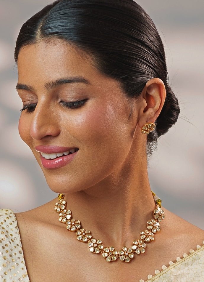 Floral Motifs Moissanite Stone Gold Necklace Set Zevar by Geeta - Fabilicious Fashion