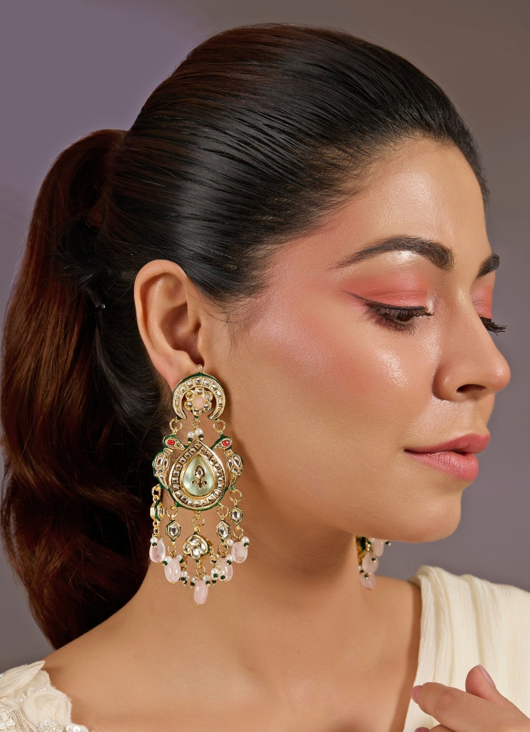 Floral Pink Kundan Pearl Drop Earrings Vivinia By Vidhi Mehra - Fabilicious Fashion
