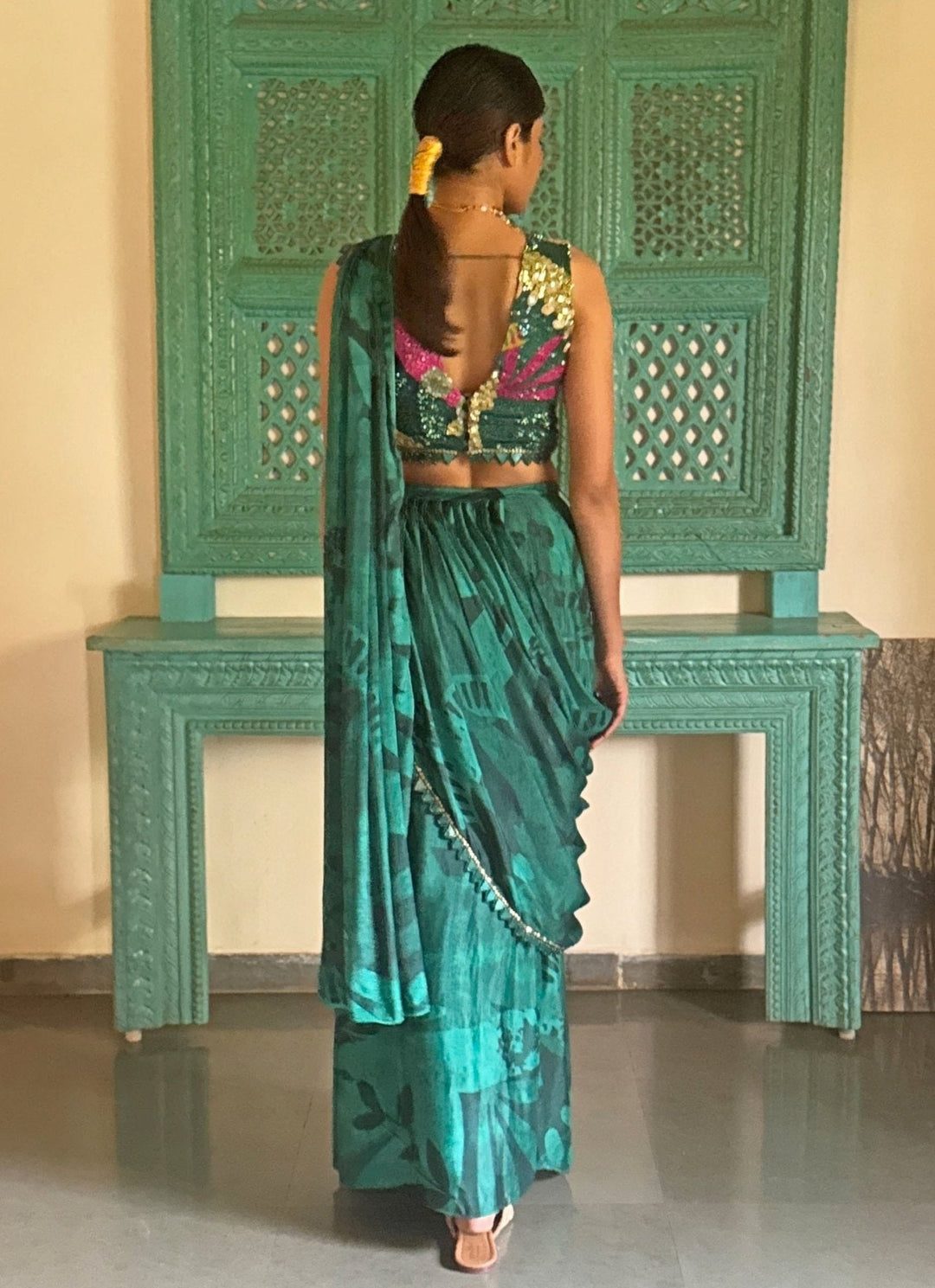 Forest Green Pre - Draped Chiffon Saree Basil Leaf - Fabilicious Fashion