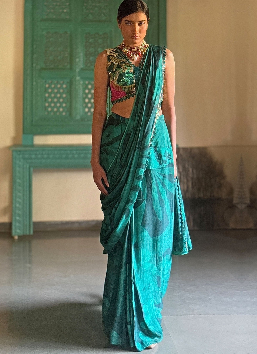 Forest Green Pre - Draped Chiffon Saree Basil Leaf - Fabilicious Fashion