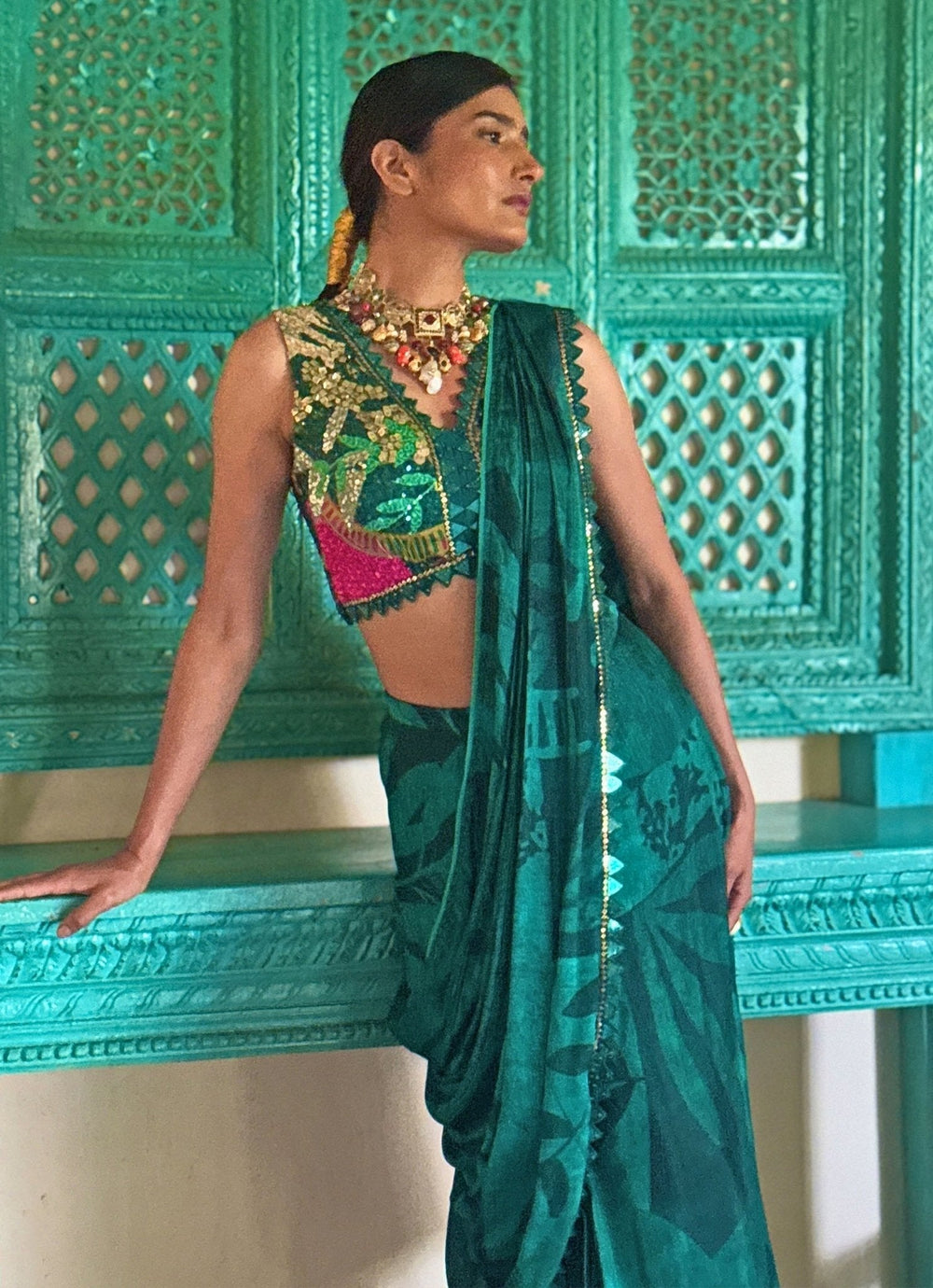 Forest Green Pre - Draped Chiffon Saree Basil Leaf - Fabilicious Fashion