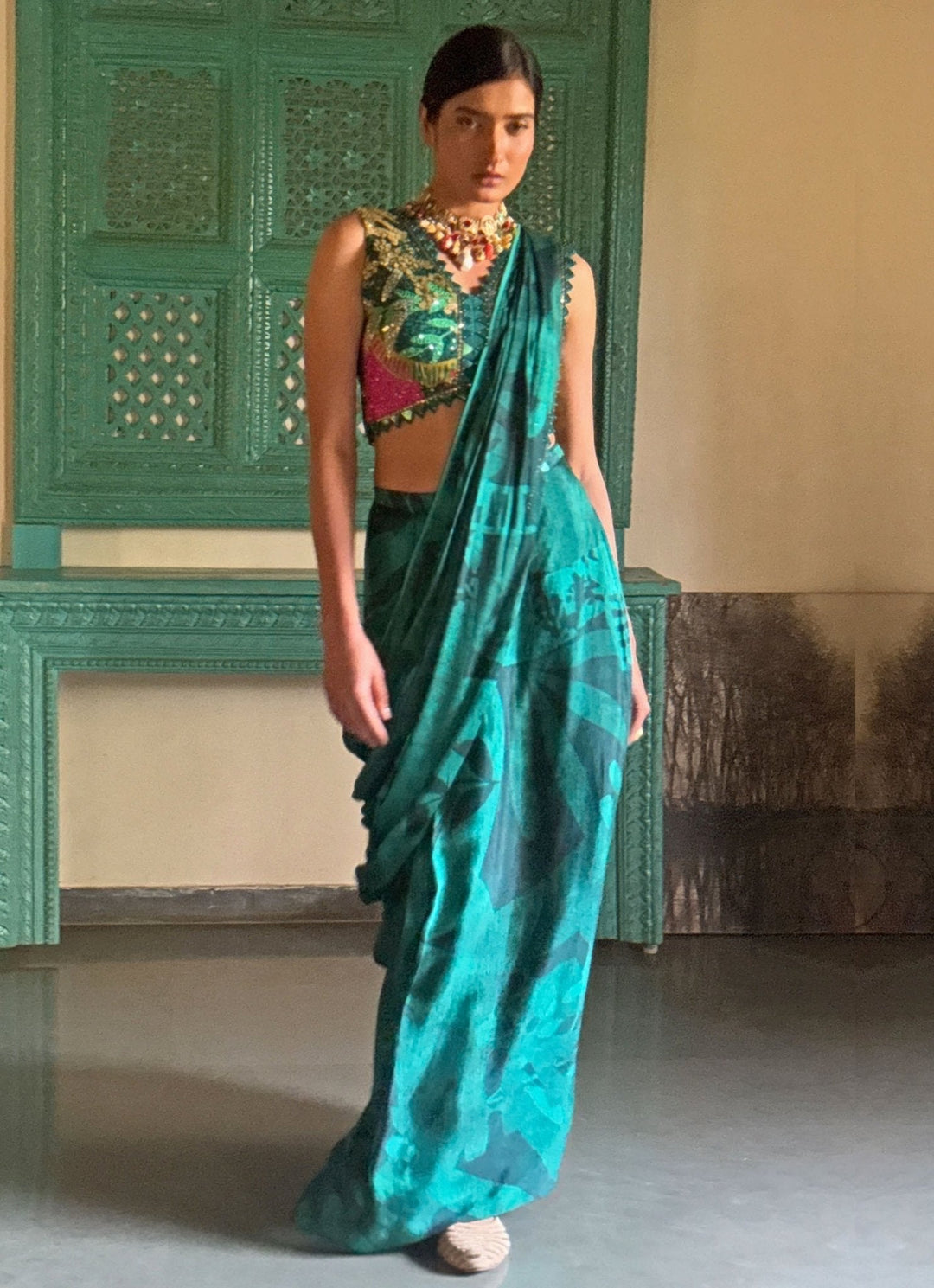 Forest Green Pre - Draped Chiffon Saree Basil Leaf - Fabilicious Fashion