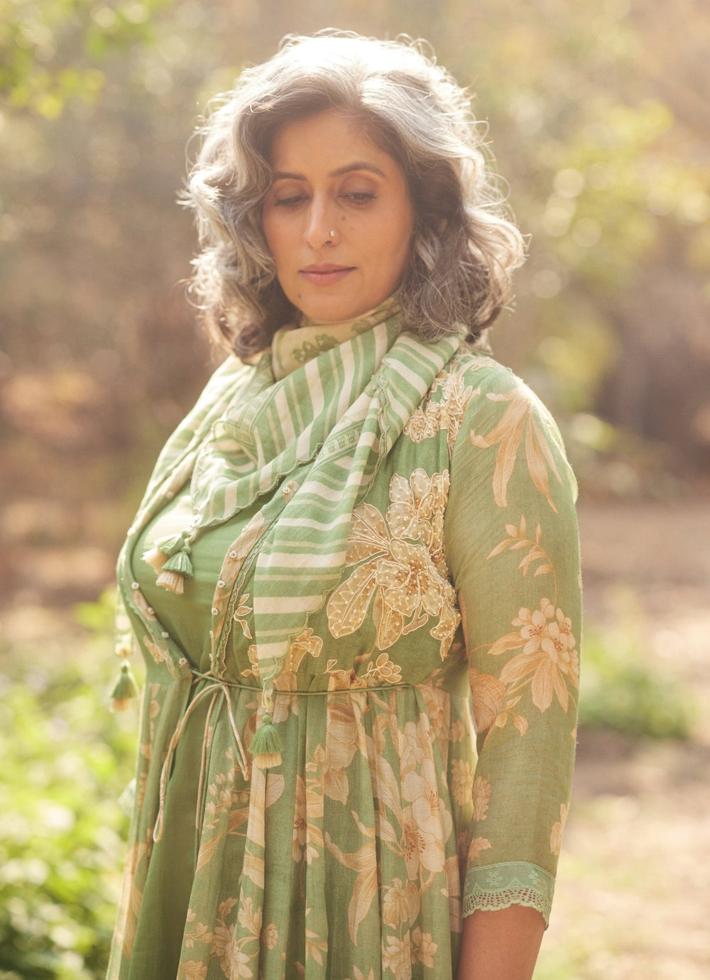 Forest Green Printed Chanderi Wrap Dress Paulmi and Harsh - Fabilicious Fashion