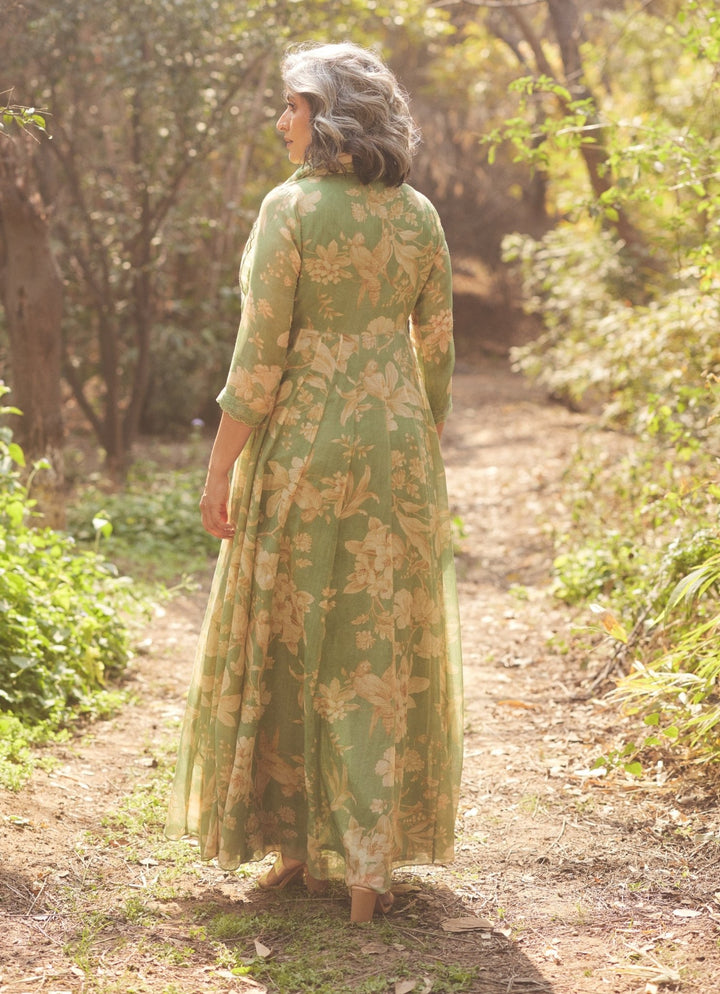 Forest Green Printed Chanderi Wrap Dress Paulmi and Harsh - Fabilicious Fashion