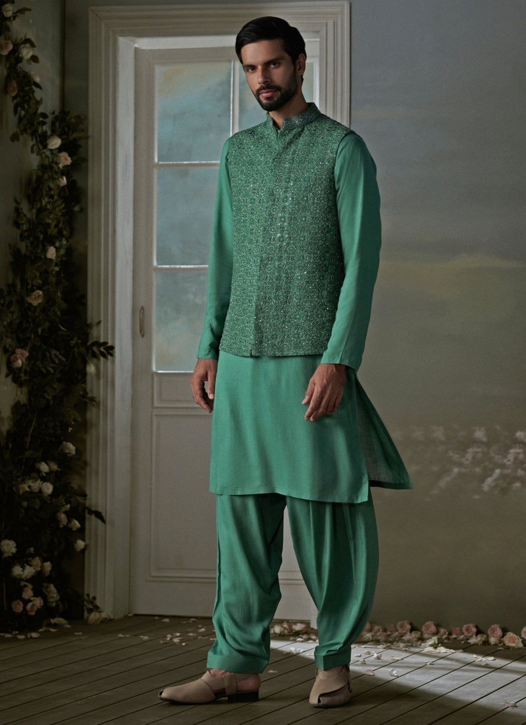 Forest Green Raw Silk Nehru Jacket Set Nitika Gujral - Men - Fabilicious Fashion