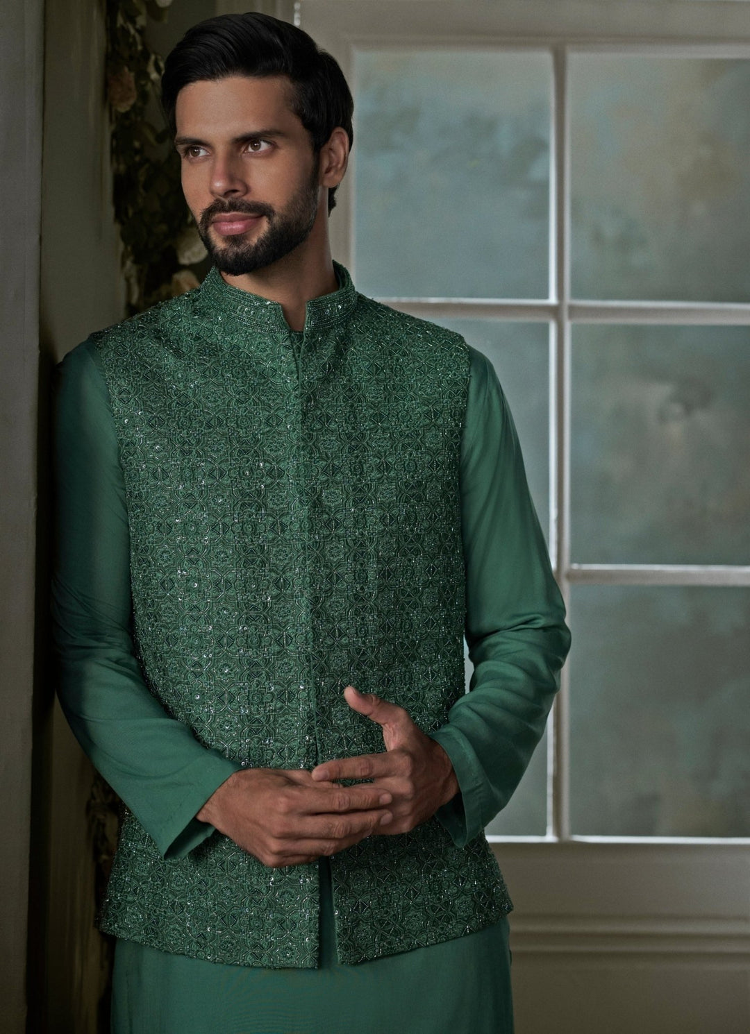 Forest Green Raw Silk Nehru Jacket Set Nitika Gujral - Men - Fabilicious Fashion