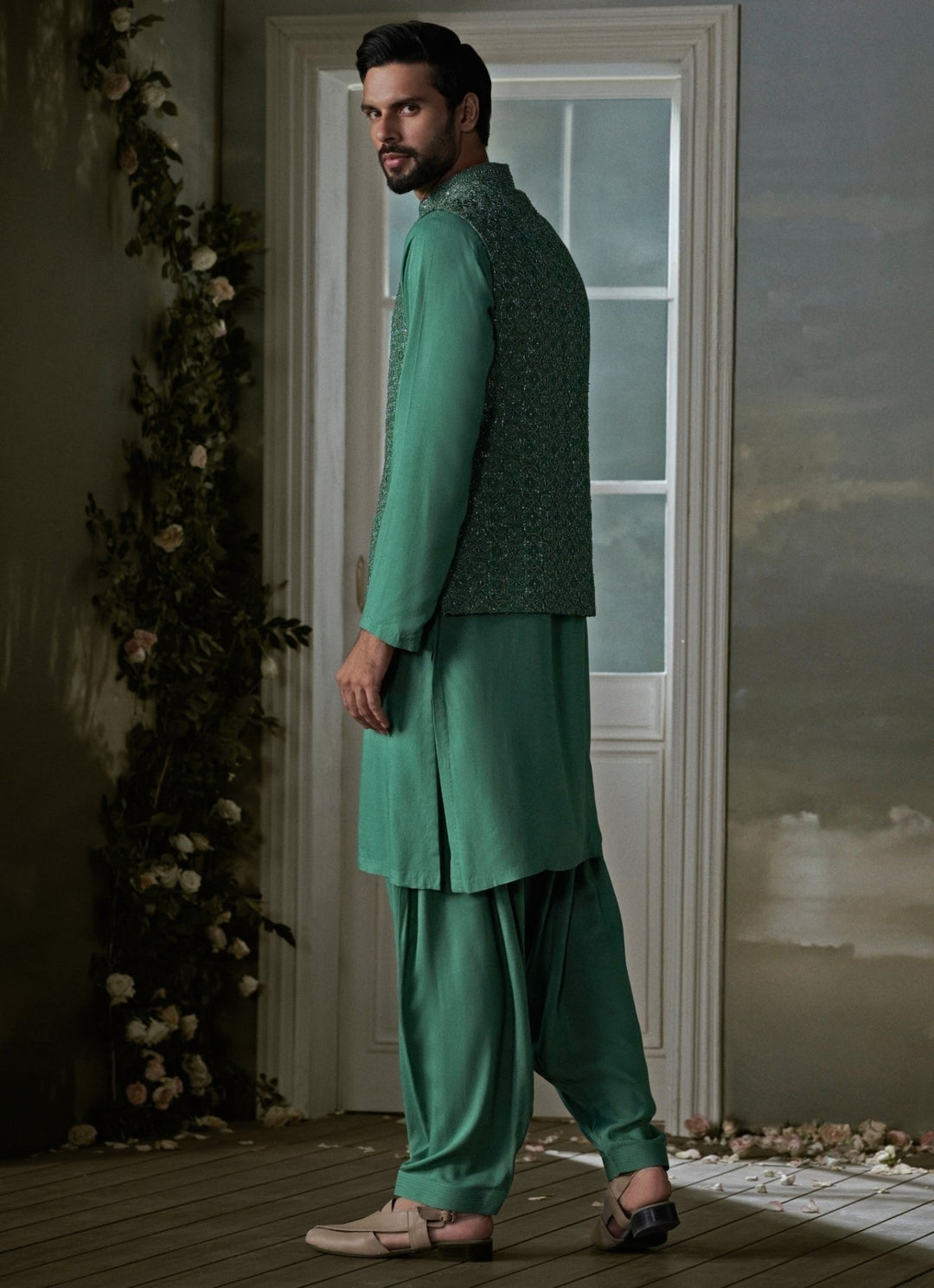 Forest Green Raw Silk Nehru Jacket Set Nitika Gujral - Men - Fabilicious Fashion