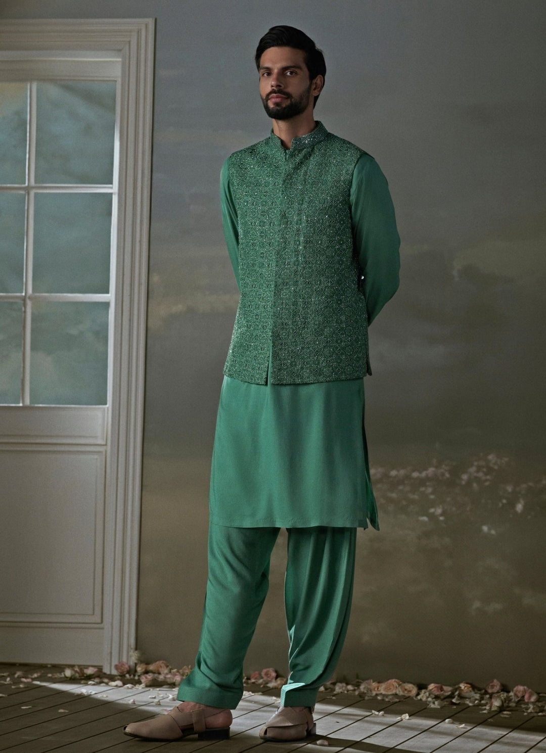 Forest Green Raw Silk Nehru Jacket Set Nitika Gujral - Men - Fabilicious Fashion