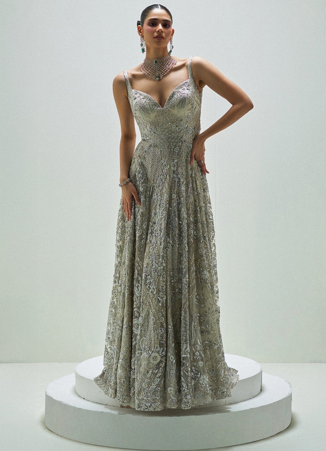 Frosted Silver Embroidered Gown Angad Singh - Fabilicious Fashion