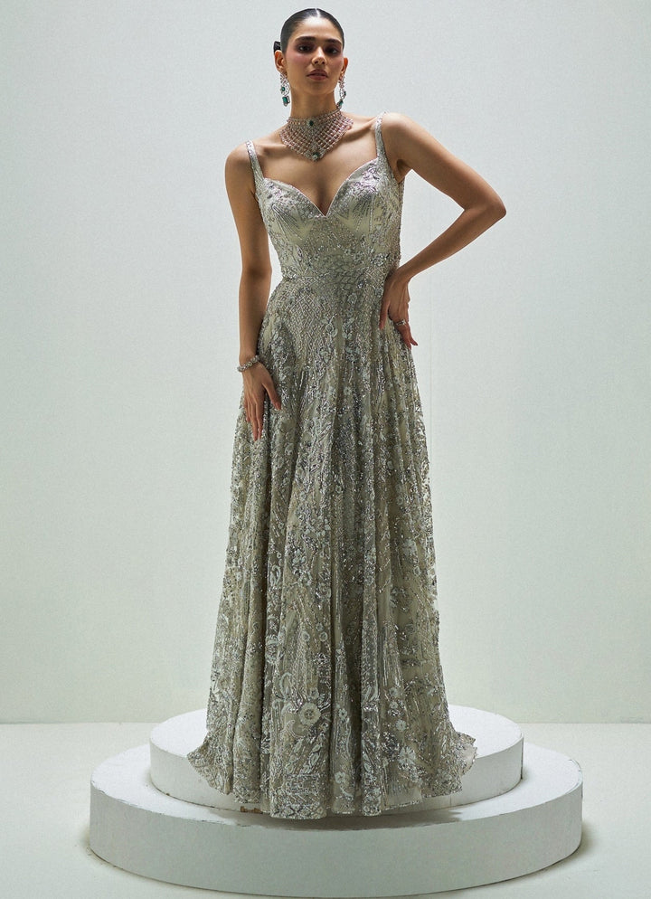 Frosted Silver Embroidered Gown Angad Singh - Fabilicious Fashion
