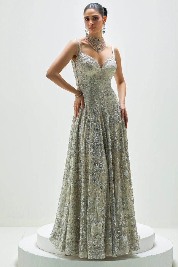 Ivory and silver light net embroidered gown for a wedding reception