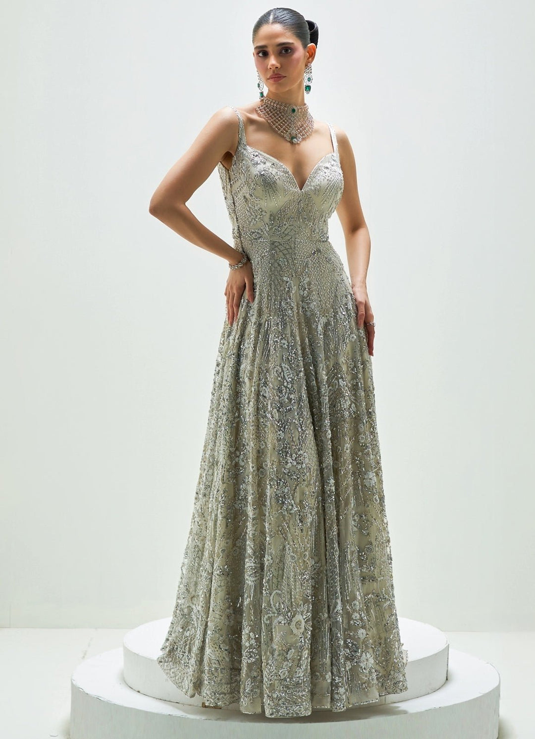 Frosted Silver Embroidered Gown Angad Singh - Fabilicious Fashion