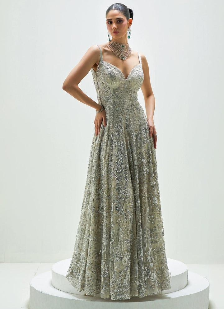 Frosted Silver Embroidered Gown Angad Singh - Fabilicious Fashion