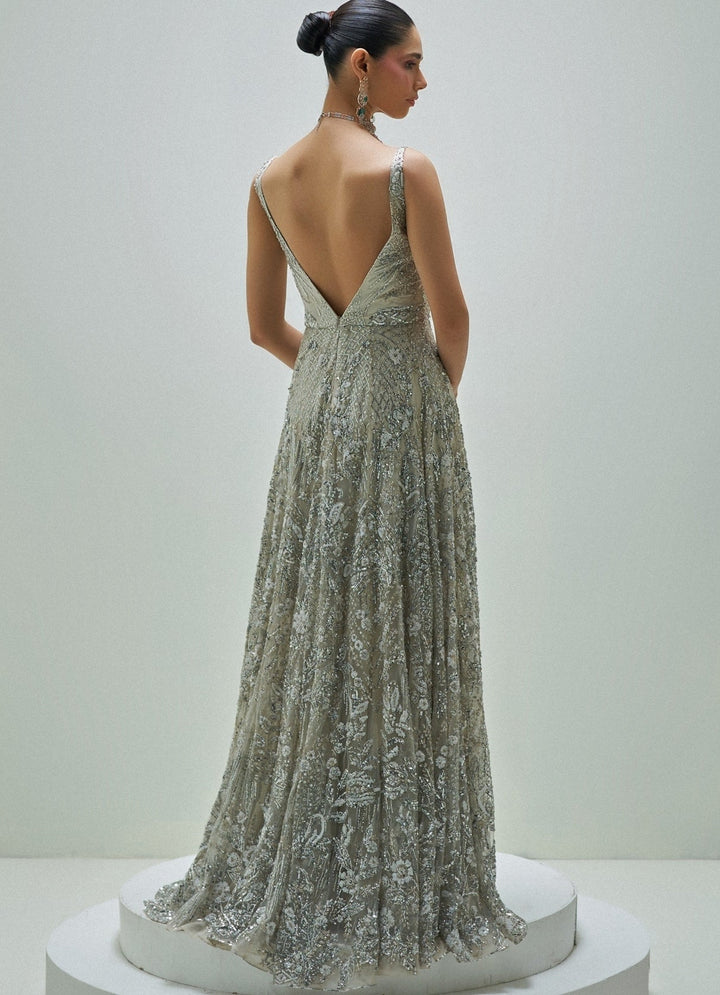Frosted Silver Embroidered Gown Angad Singh - Fabilicious Fashion