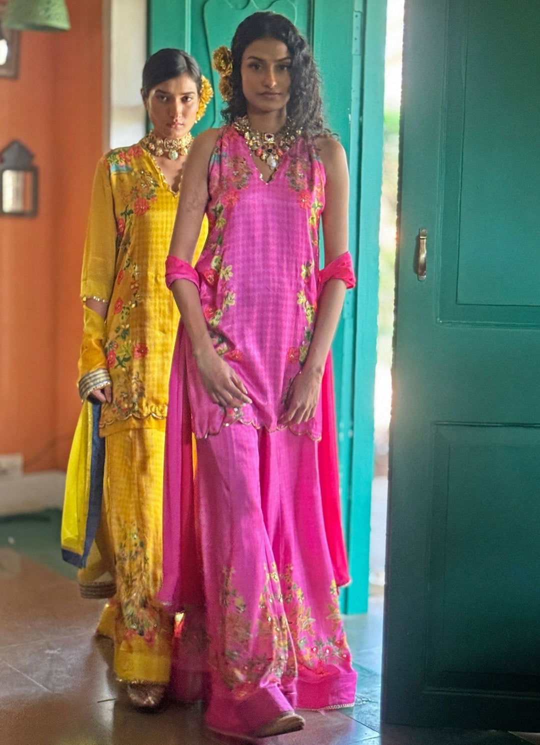 Fuchsia Pink Printed Kurta Sharara Basil Leaf - Fabilicious Fashion