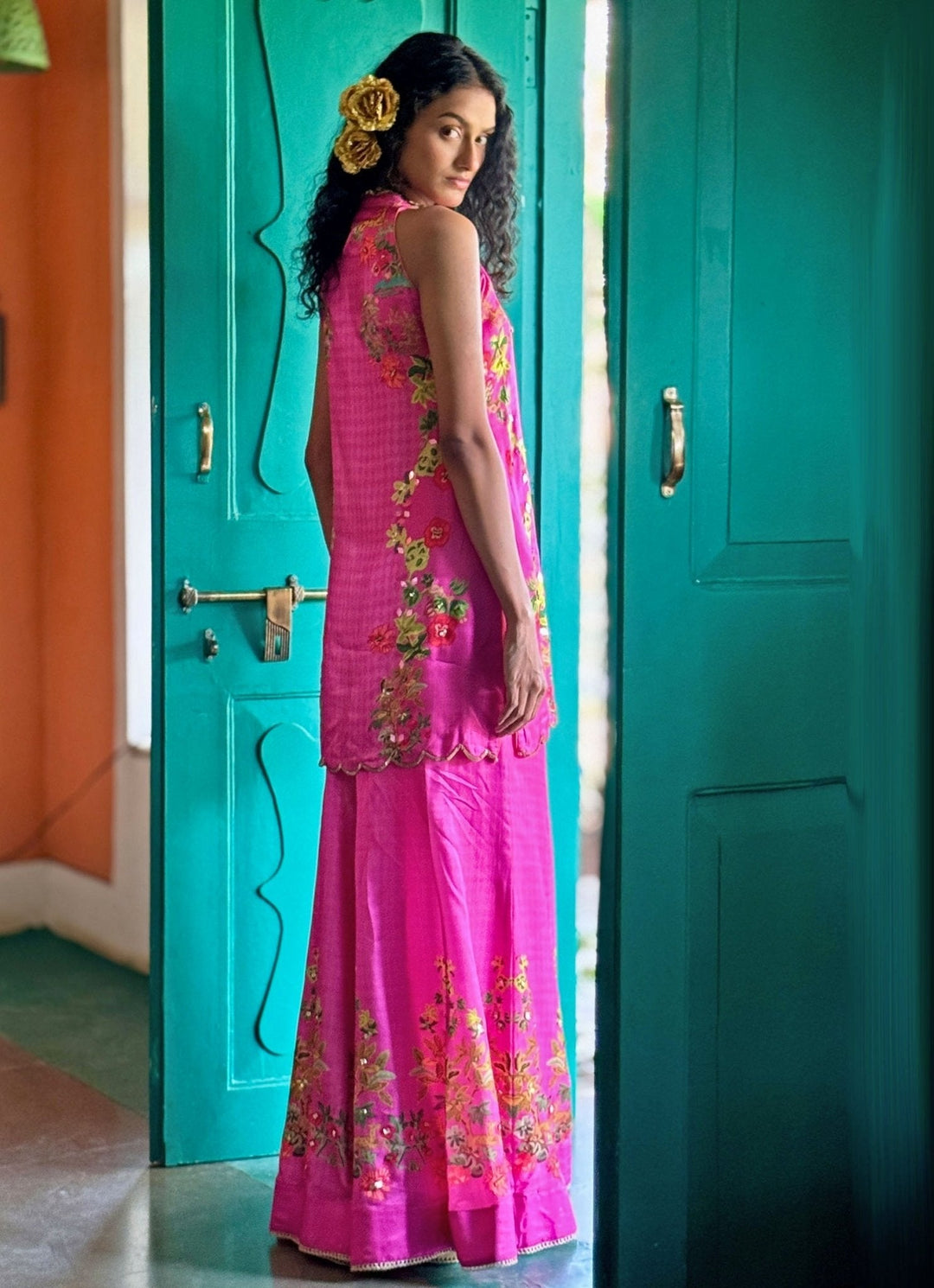 Fuchsia Pink Printed Kurta Sharara Basil Leaf - Fabilicious Fashion