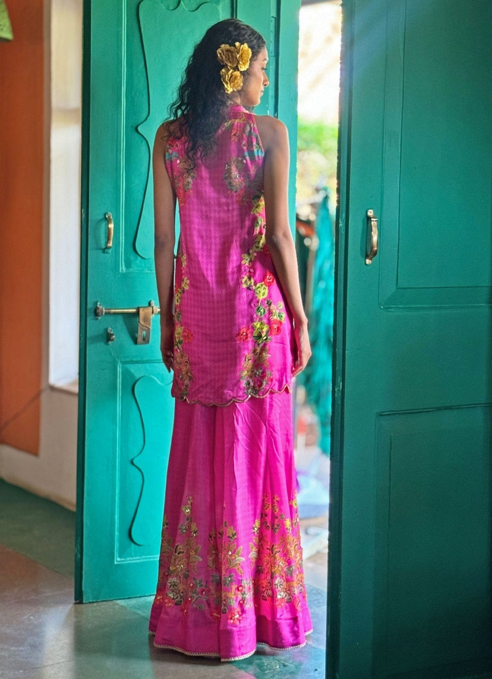 Fuchsia Pink Printed Kurta Sharara Basil Leaf - Fabilicious Fashion