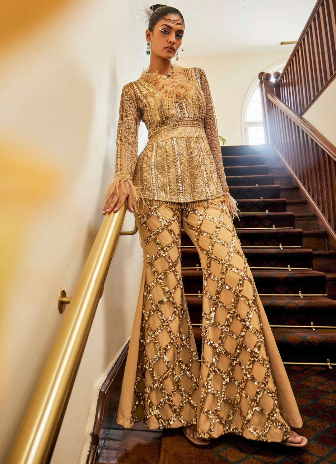 Glam Gold Embroidered Peplum Kurta Pants Set Mani Bhatia - Fabilicious Fashion