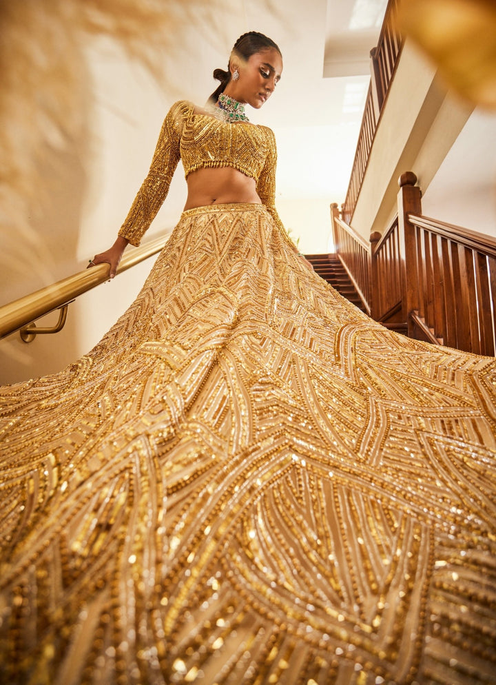 Glam Gold Embroidered Satin Lehenga Set Mani Bhatia - Fabilicious Fashion