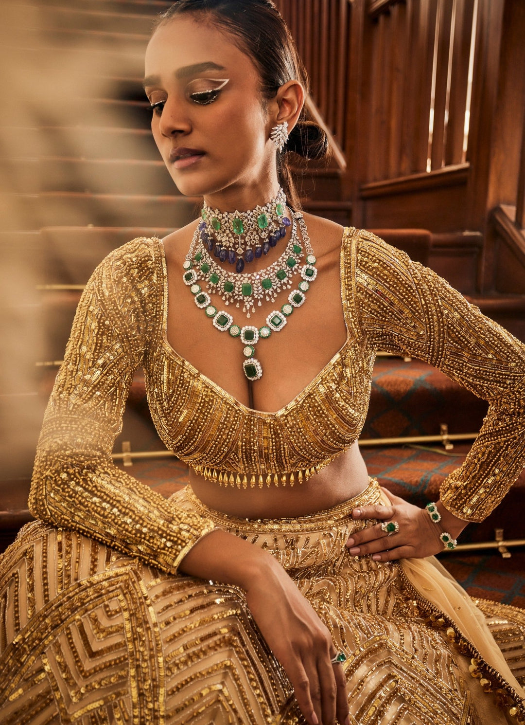Glam Gold Embroidered Satin Lehenga Set Mani Bhatia - Fabilicious Fashion