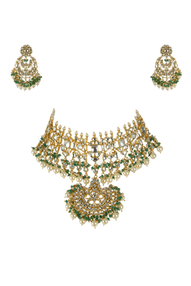 Glittering Green Bead Choker Set With Chand Baalis Riana by Shikha Jindal - Fabilicious Fashion