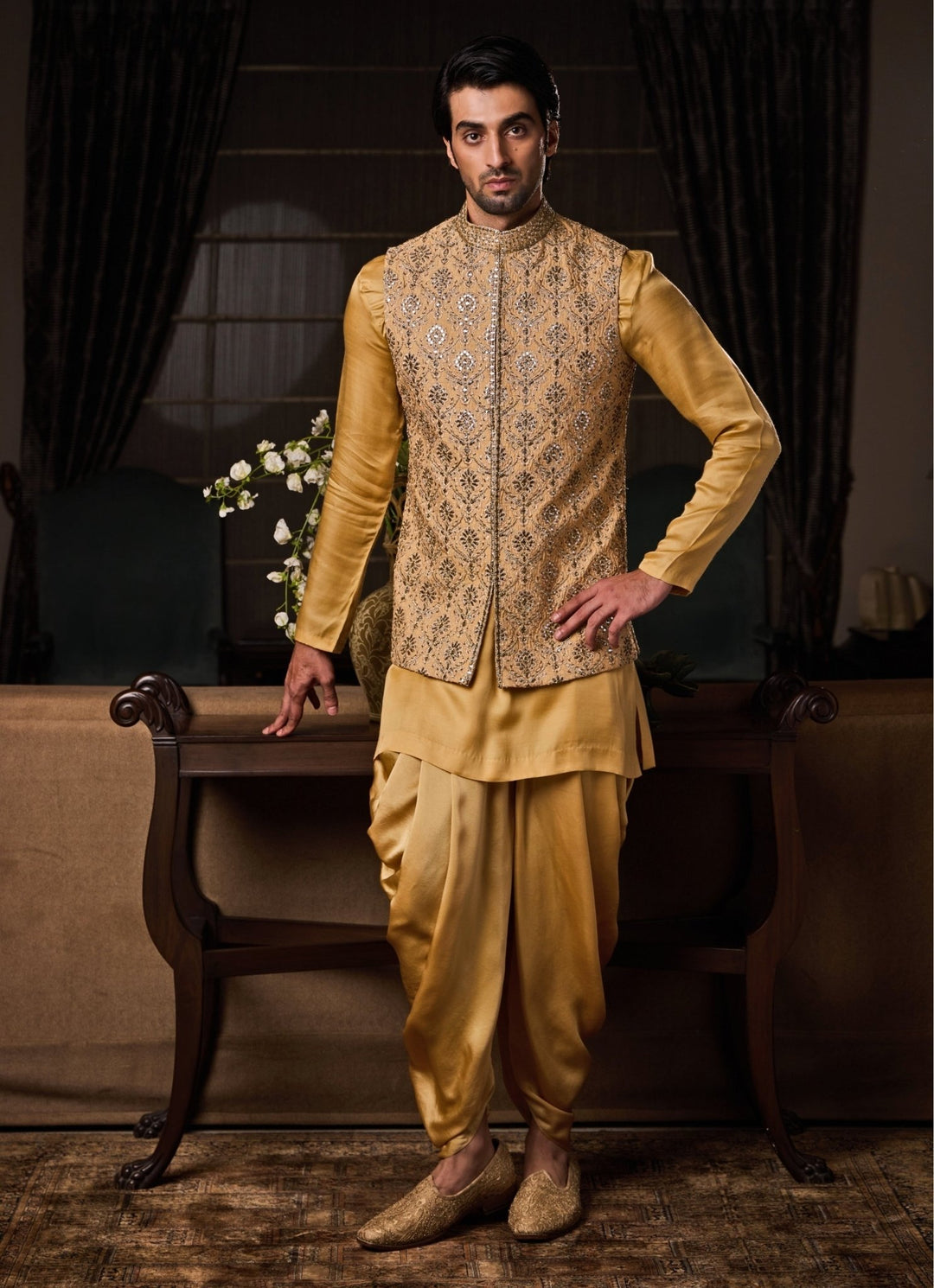 Gold and Beige Raw Silk Nehru Jacket Set Nitika Gujral - Men - Fabilicious Fashion