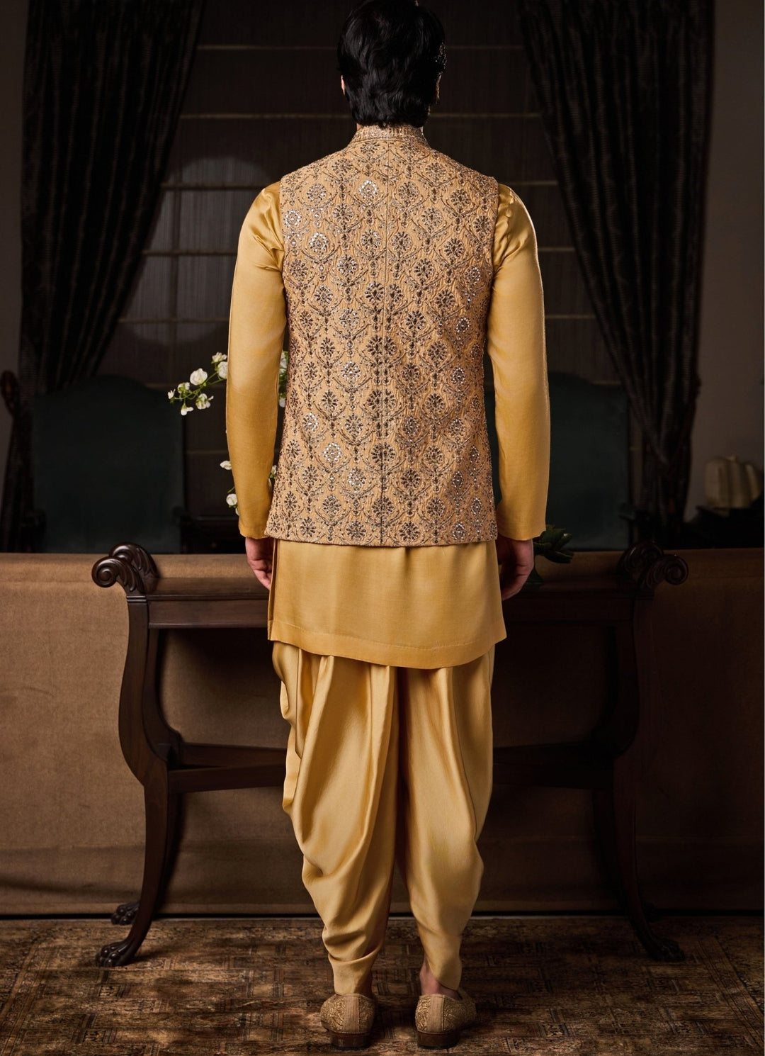 Gold and Beige Raw Silk Nehru Jacket Set Nitika Gujral - Men - Fabilicious Fashion