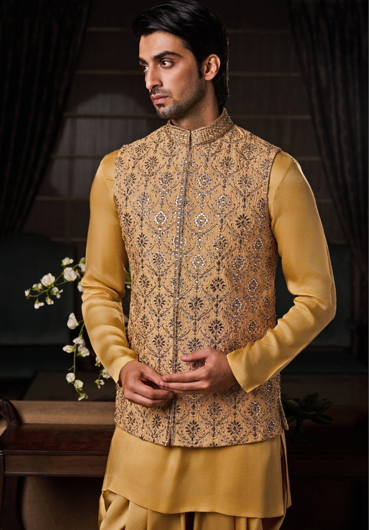 Gold and Beige Raw Silk Nehru Jacket Set Nitika Gujral - Men - Fabilicious Fashion