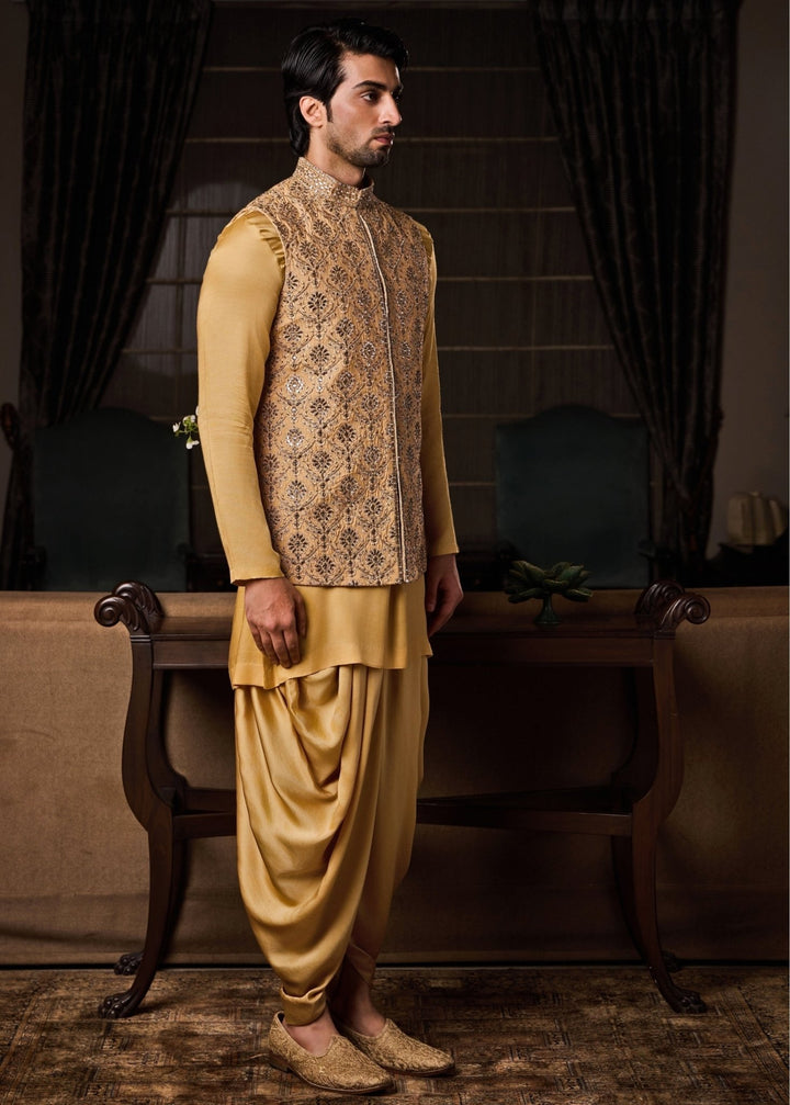 Gold and Beige Raw Silk Nehru Jacket Set Nitika Gujral - Men - Fabilicious Fashion