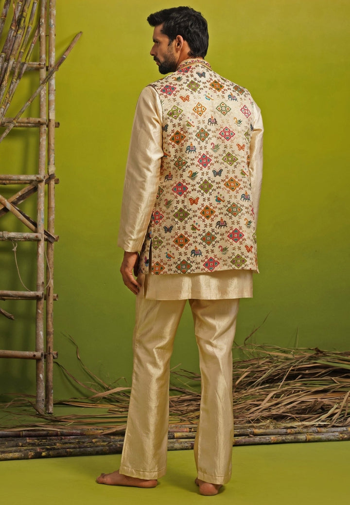 Gold and Beige Silk Short Kurta Jacket Set Kalpraag - Fabilicious Fashion