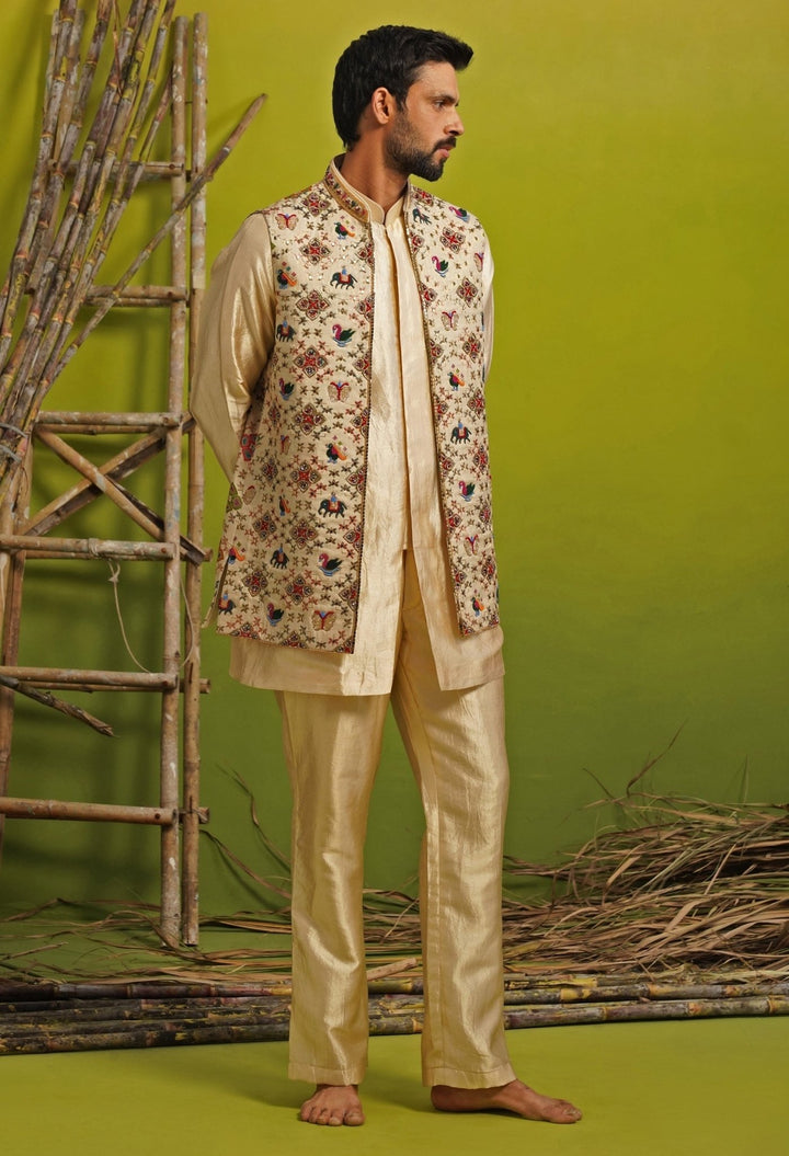 Gold and Beige Silk Short Kurta Jacket Set Kalpraag - Fabilicious Fashion
