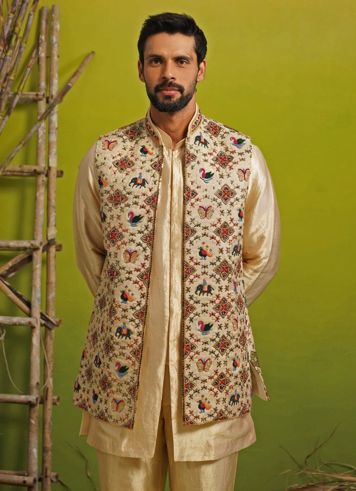 Gold and Beige Silk Short Kurta Jacket Set Kalpraag - Fabilicious Fashion