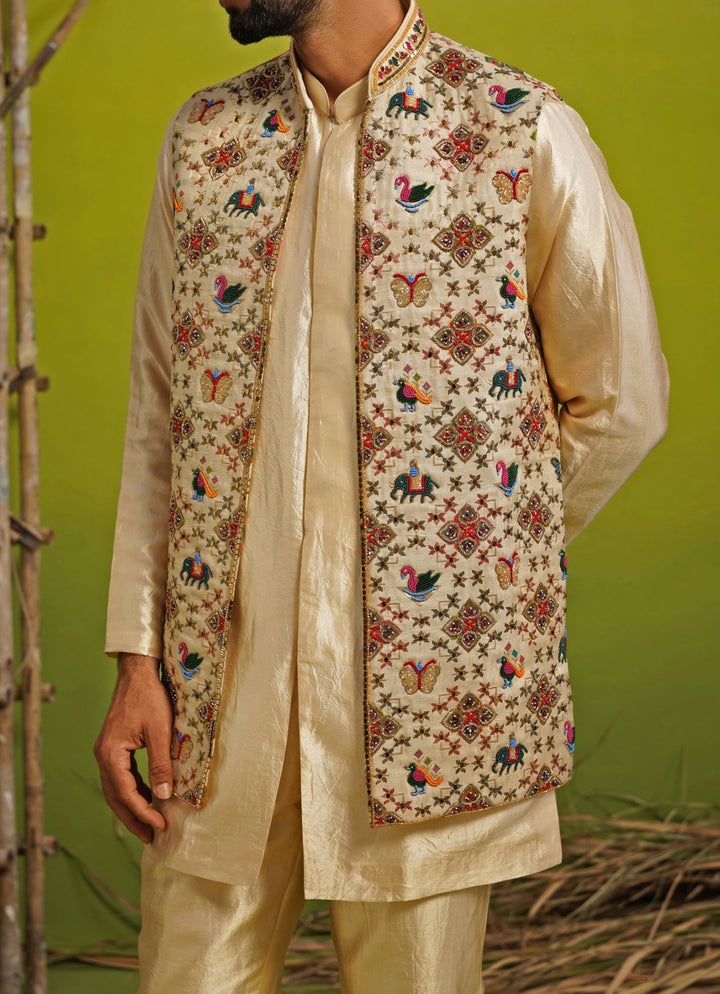 Gold and Beige Silk Short Kurta Jacket Set Kalpraag - Fabilicious Fashion