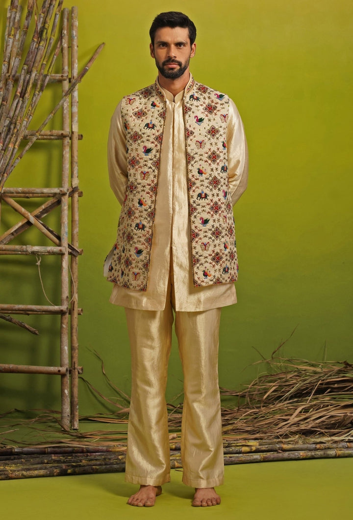 Gold and Beige Silk Short Kurta Jacket Set Kalpraag - Fabilicious Fashion