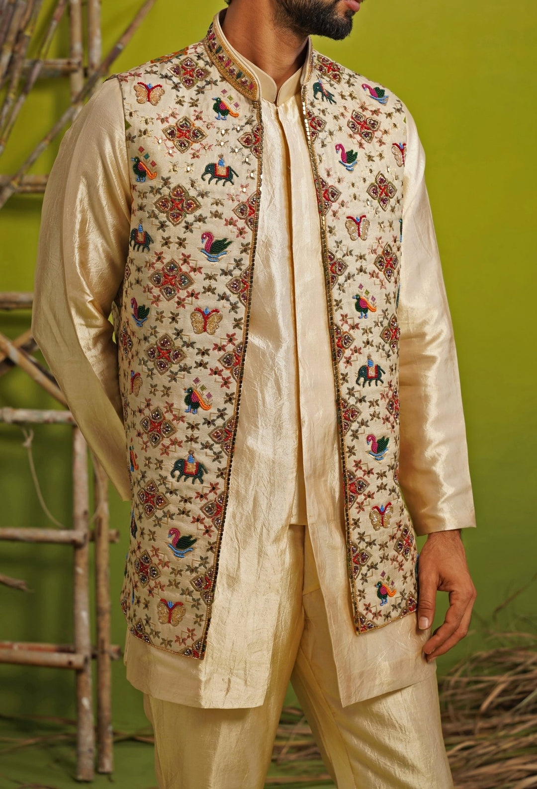 Gold and Beige Silk Short Kurta Jacket Set Kalpraag - Fabilicious Fashion