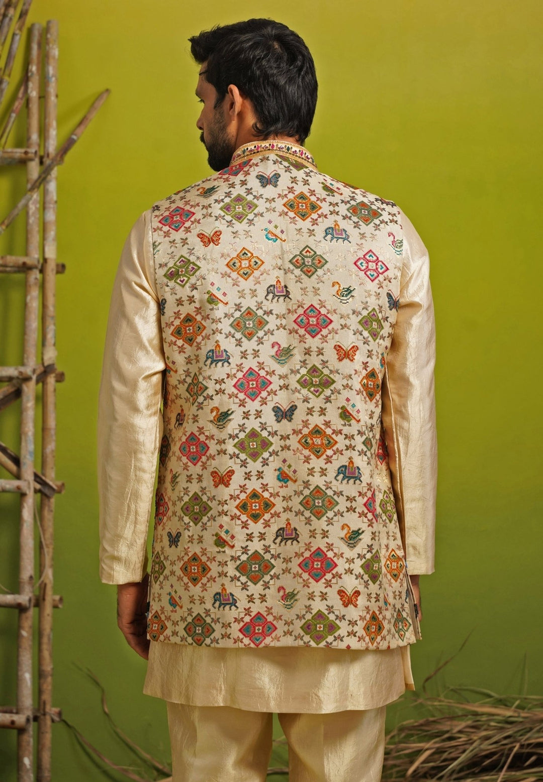 Gold and Beige Silk Short Kurta Jacket Set Kalpraag - Fabilicious Fashion