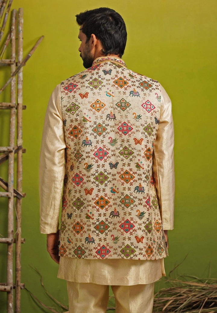 Gold and Beige Silk Short Kurta Jacket Set Kalpraag - Fabilicious Fashion