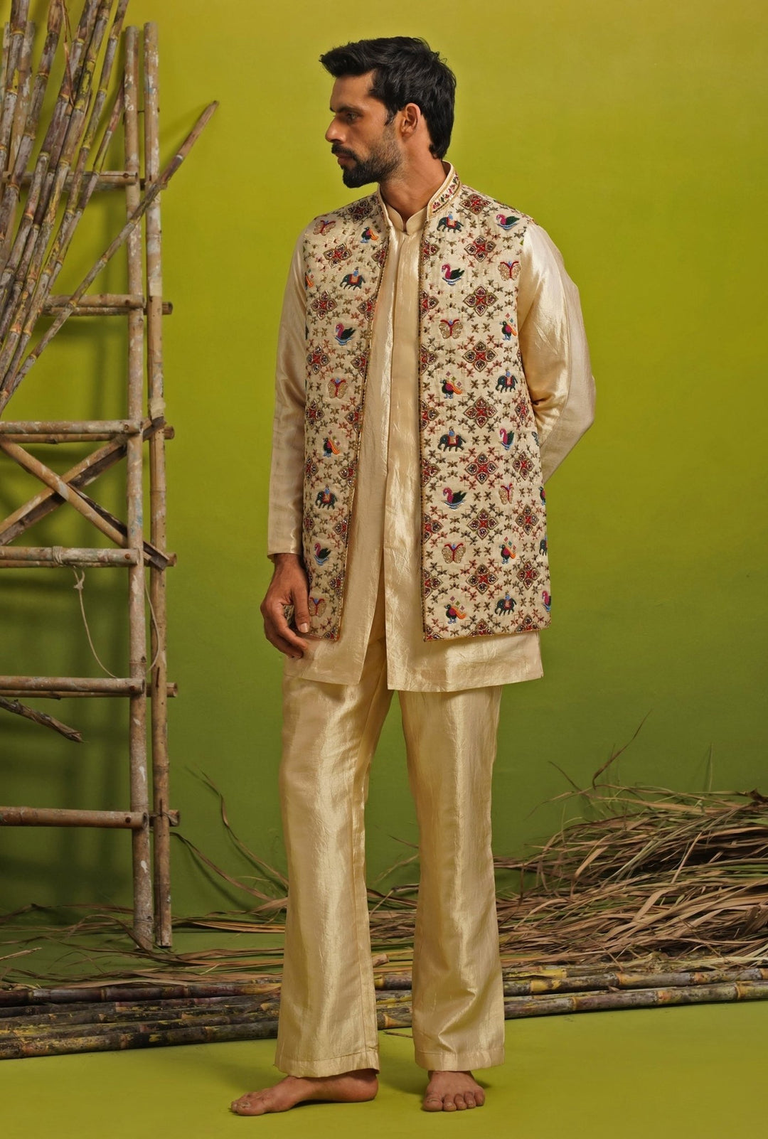 Gold and Beige Silk Short Kurta Jacket Set Kalpraag - Fabilicious Fashion