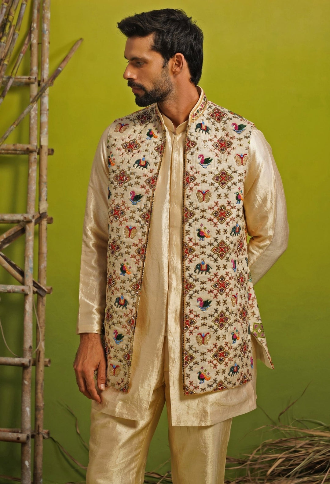 Gold and Beige Silk Short Kurta Jacket Set Kalpraag - Fabilicious Fashion