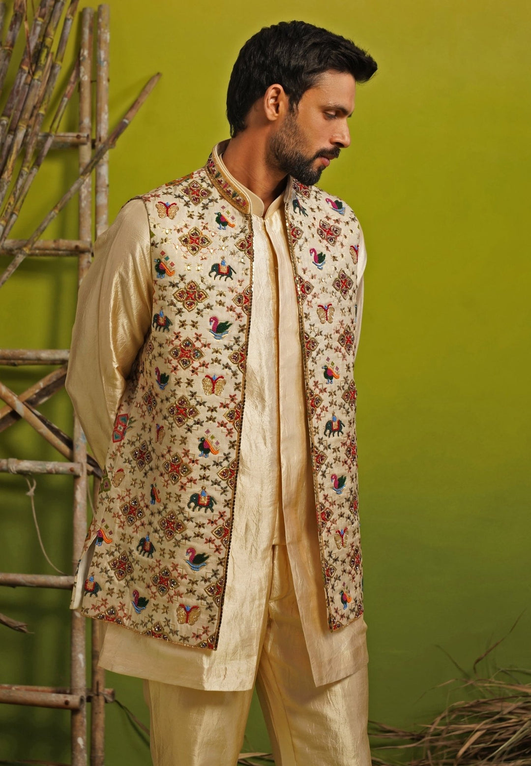 Gold and Beige Silk Short Kurta Jacket Set Kalpraag - Fabilicious Fashion