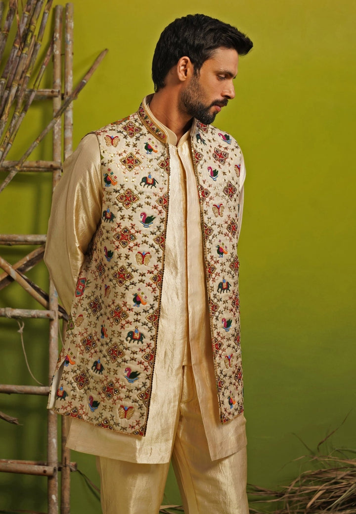 Gold and Beige Silk Short Kurta Jacket Set Kalpraag - Fabilicious Fashion