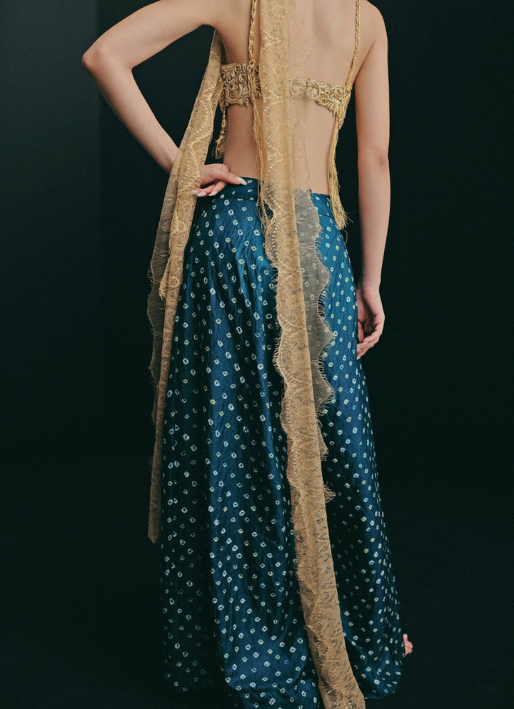 The Little Black Bow Gold And Blue Bandhani Silk Pants SetFabilicious Fashion