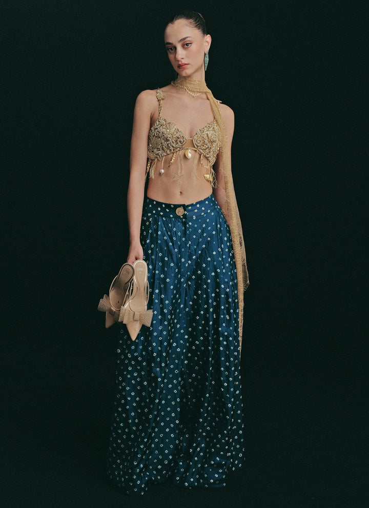The Little Black Bow Gold And Blue Bandhani Silk Pants SetFabilicious Fashion