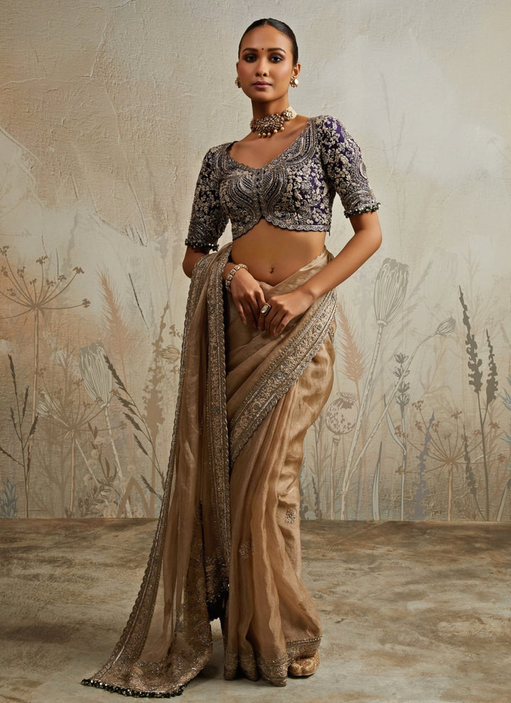 Prisho Gold And Blue Embroidered Tissue SareeFabilicious Fashion