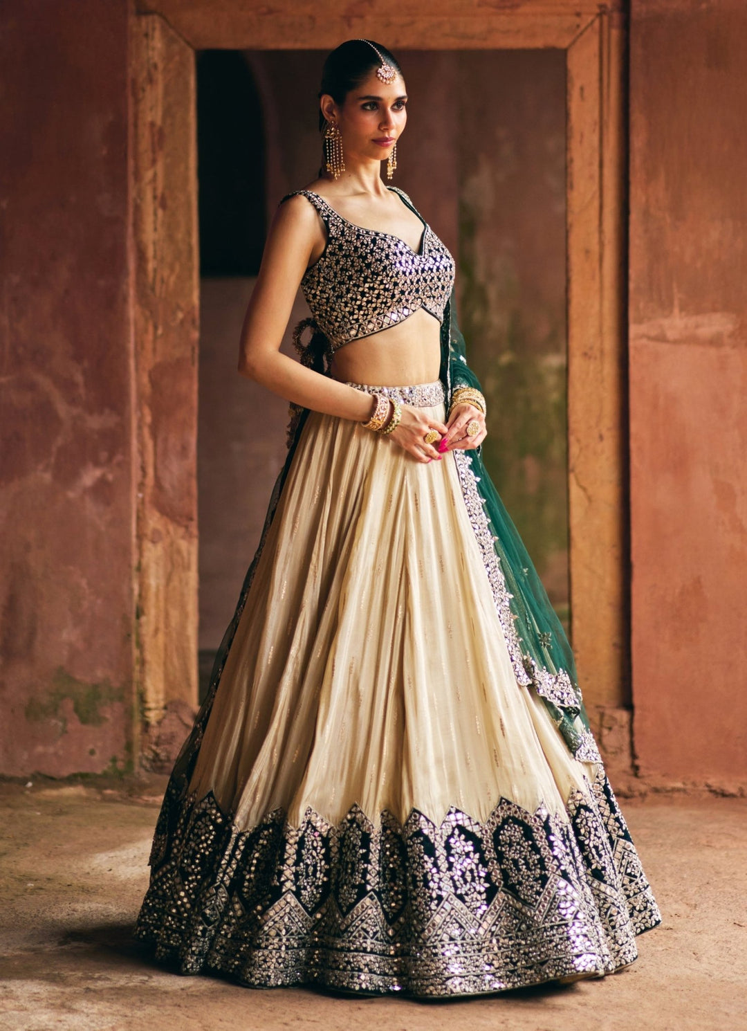 Gold And Deep Green Tissue Lehenga Set Angad Singh - Fabilicious Fashion
