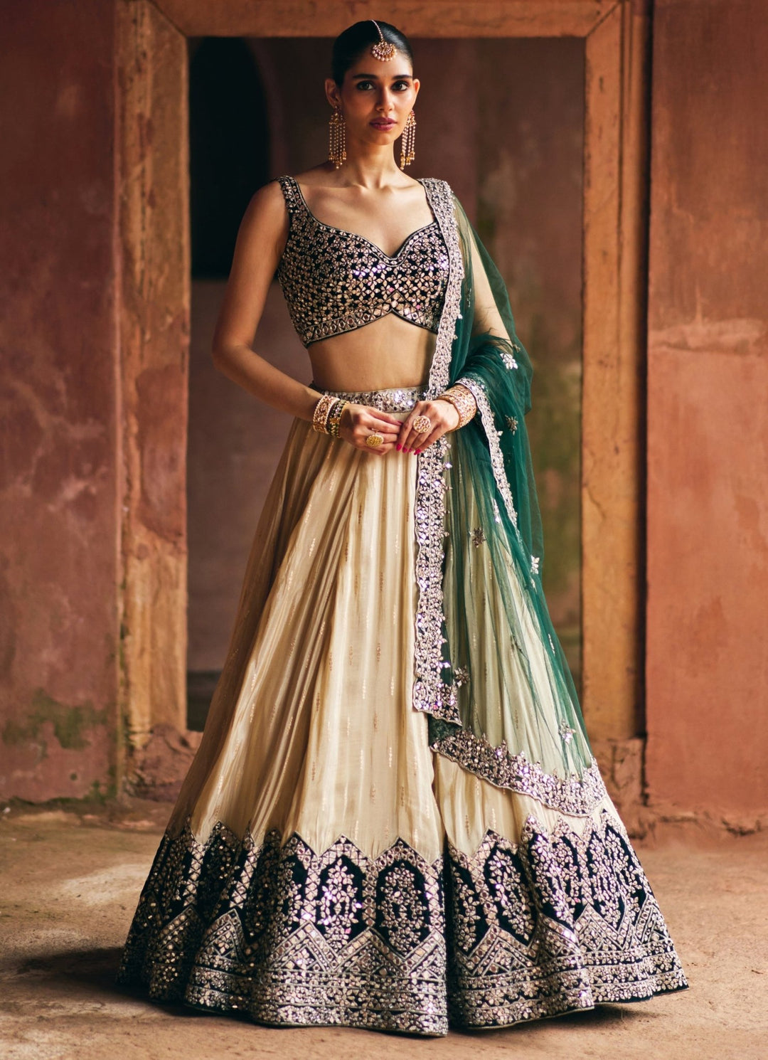 Gold And Deep Green Tissue Lehenga Set Angad Singh - Fabilicious Fashion