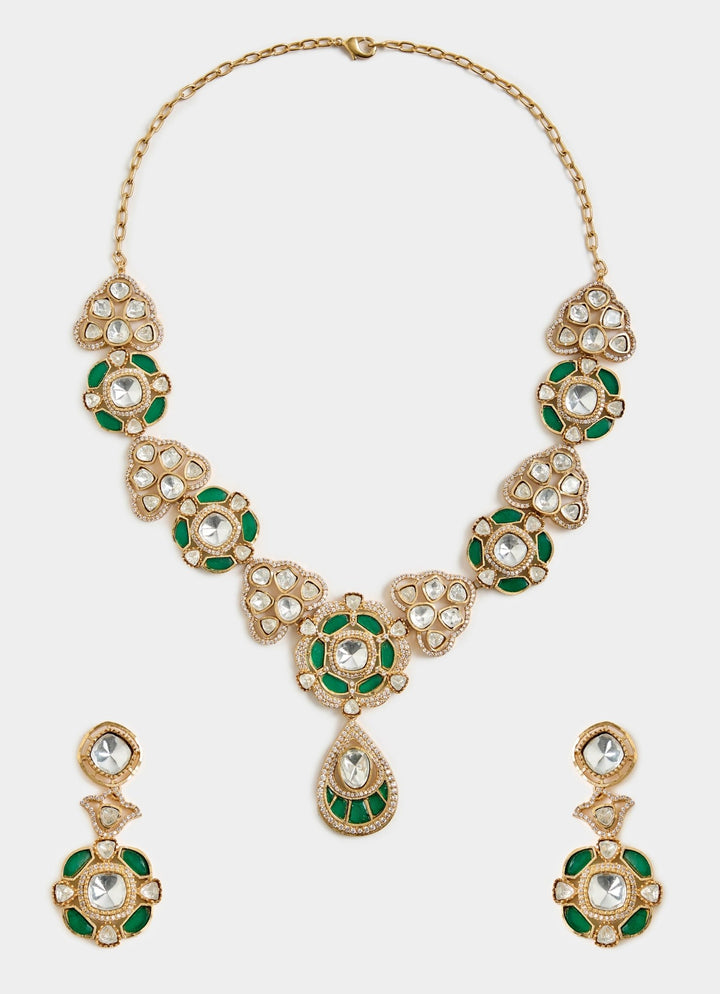 Gold And Emerald Green Kundan Necklace Set Vivinia By Vidhi Mehra - Fabilicious Fashion