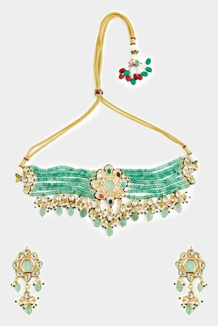 Gold And Green Beaded Choker Necklace Set Vivinia By Vidhi Mehra - Fabilicious Fashion