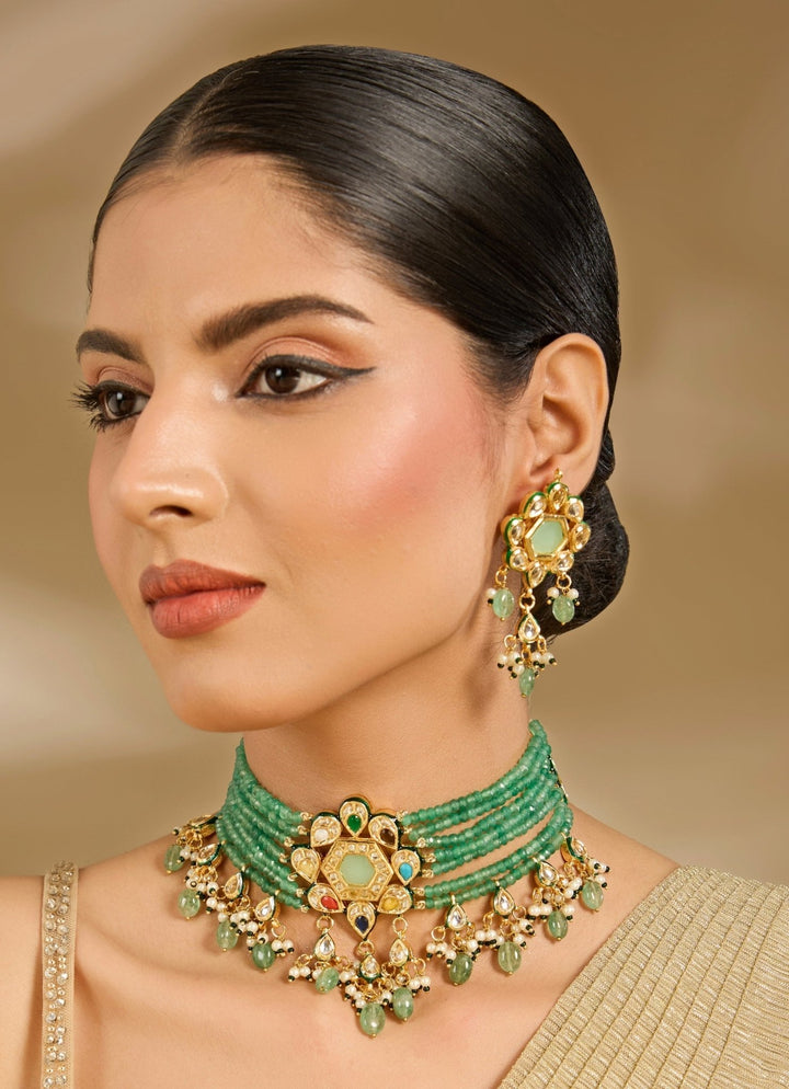 Gold And Green Beaded Choker Necklace Set Vivinia By Vidhi Mehra - Fabilicious Fashion