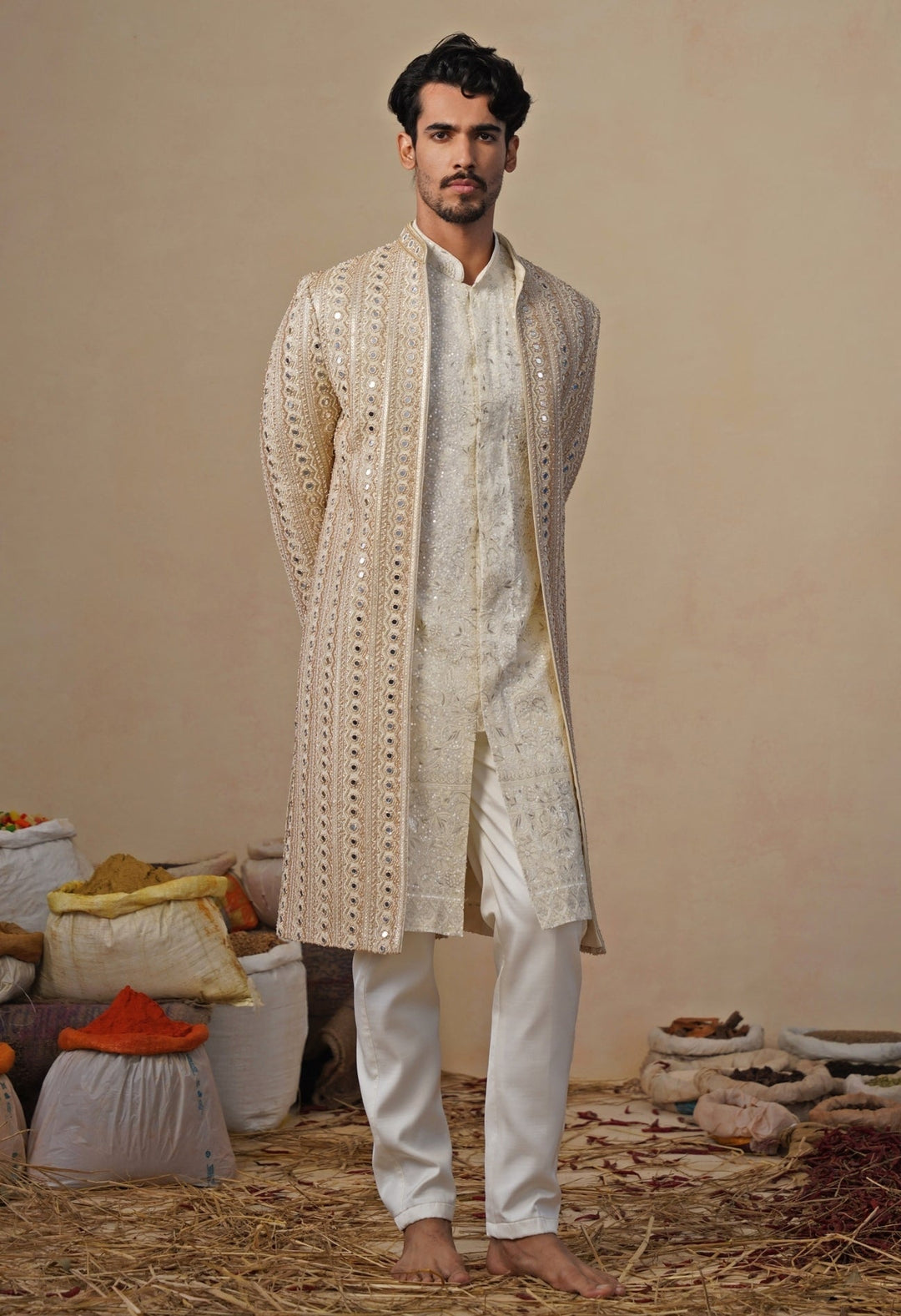 Gold and Ivory Georgette Sherwani Set Kalpraag - Fabilicious Fashion